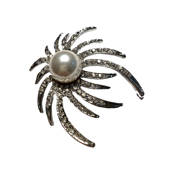 Silver Splash Statement Brooch Brilliant White Rhinestones & Faux Pearl Bead - Picture 3 of 7